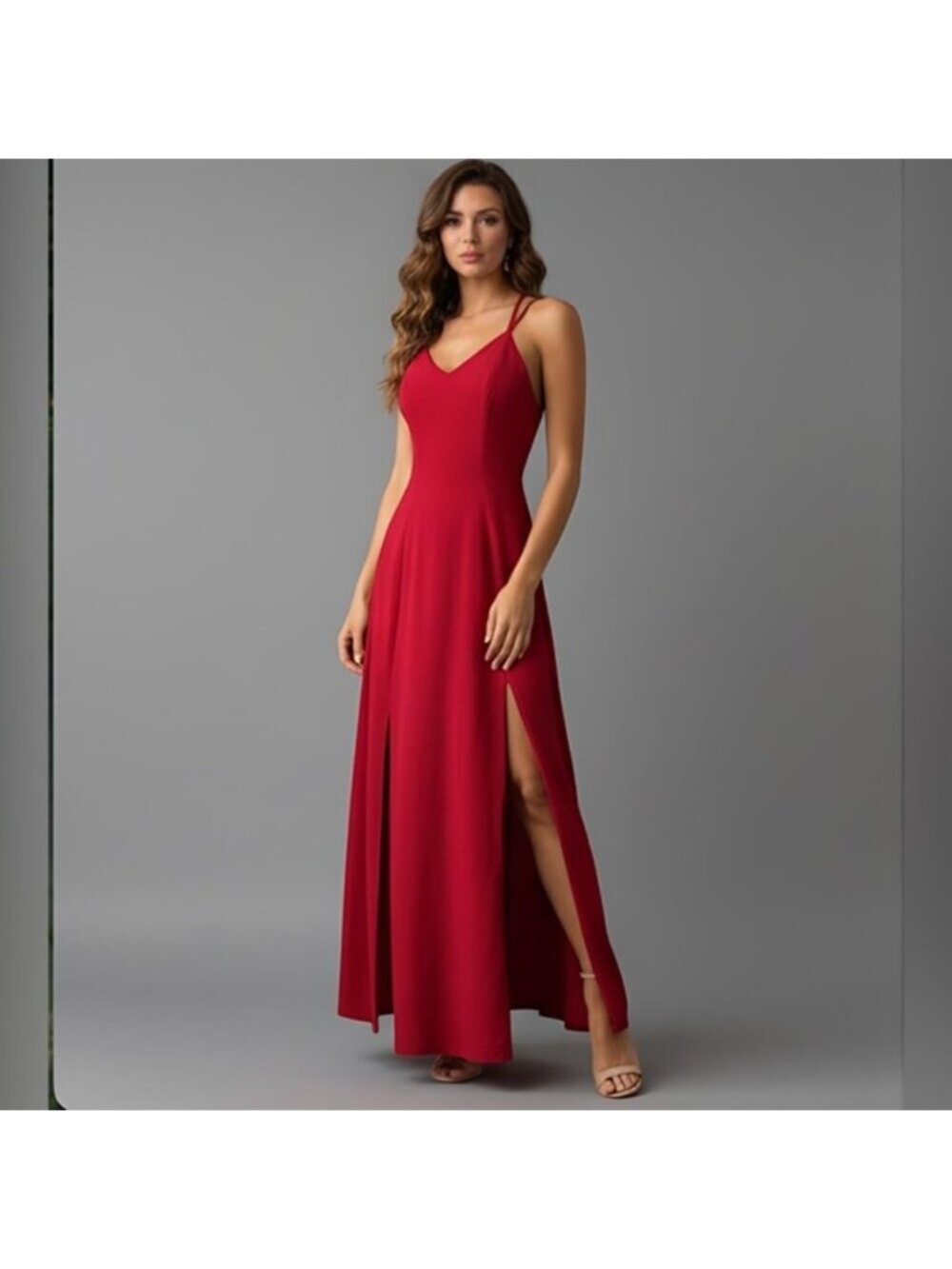 Red Burgundy Double High Slit V-Neck Maxi Dress